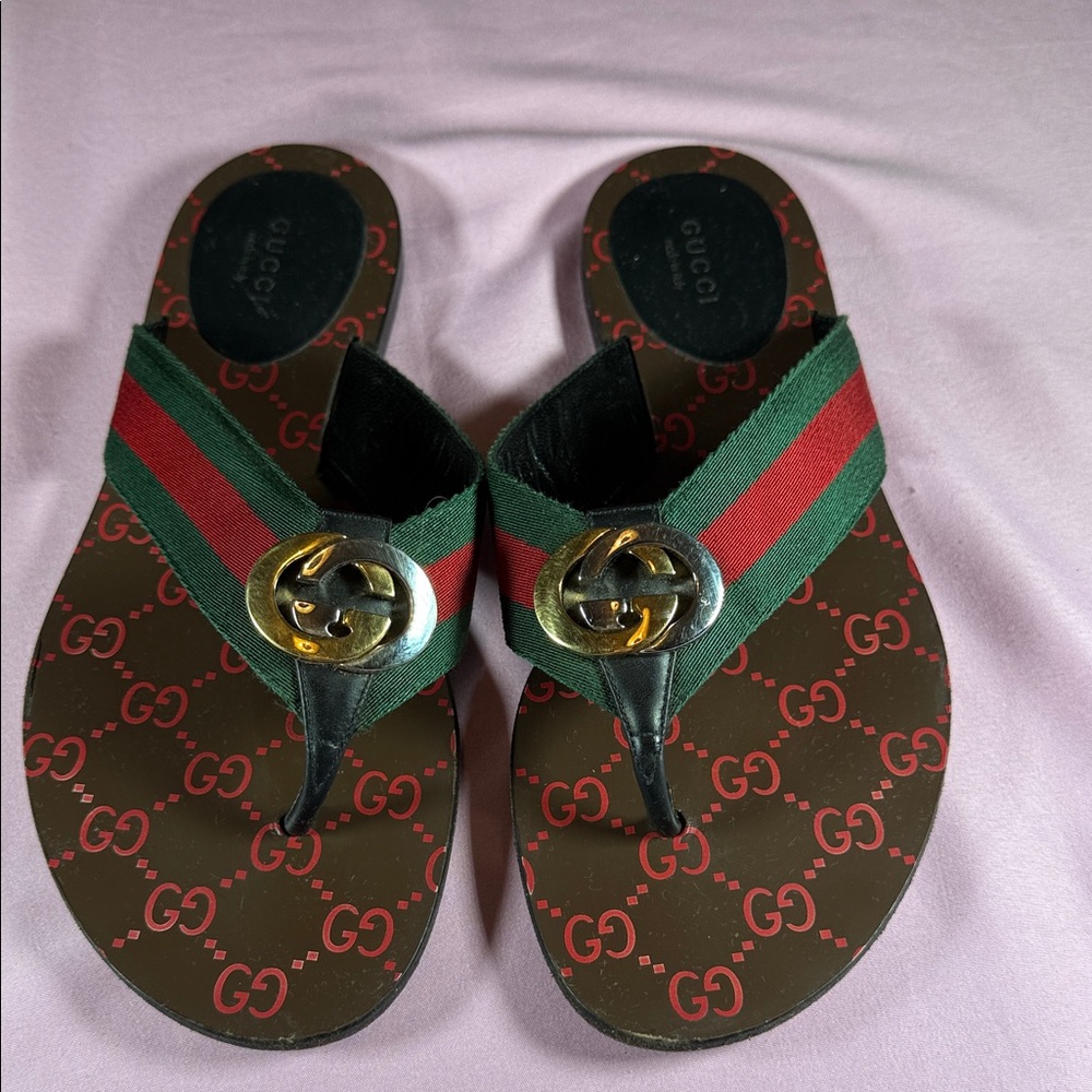 Gucci Kika Web Thong Sandals with Red and Green Accents